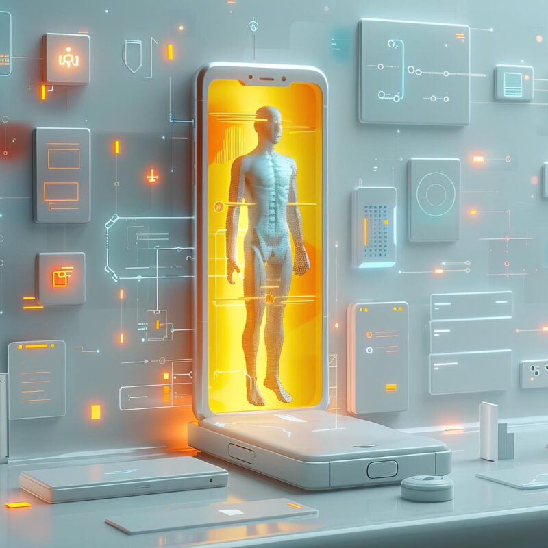 Create a 3D image depicting a human figure emerging from a smartphone screen, blending digital and physical realms. The background mimics a minimalist web design, with flat color blocks and UI elements like buttons and icons floating around the figure. The person transitions from digital pixels to a tangible form, incorporating web design aesthetics such as vector shapes and flat colors into their appearance. The scene combines sleek smartphone design with the visual language of web interfaces, highlighted by ambient lighting that accentuates the 3D effect and the clean, modern aesthetic of digital artistry --no particles --ar 3:2 --style raw --stylize 700 --v 6 Job ID: c98b2068-df5c-4e33-b0b0-4b4fa53b9665